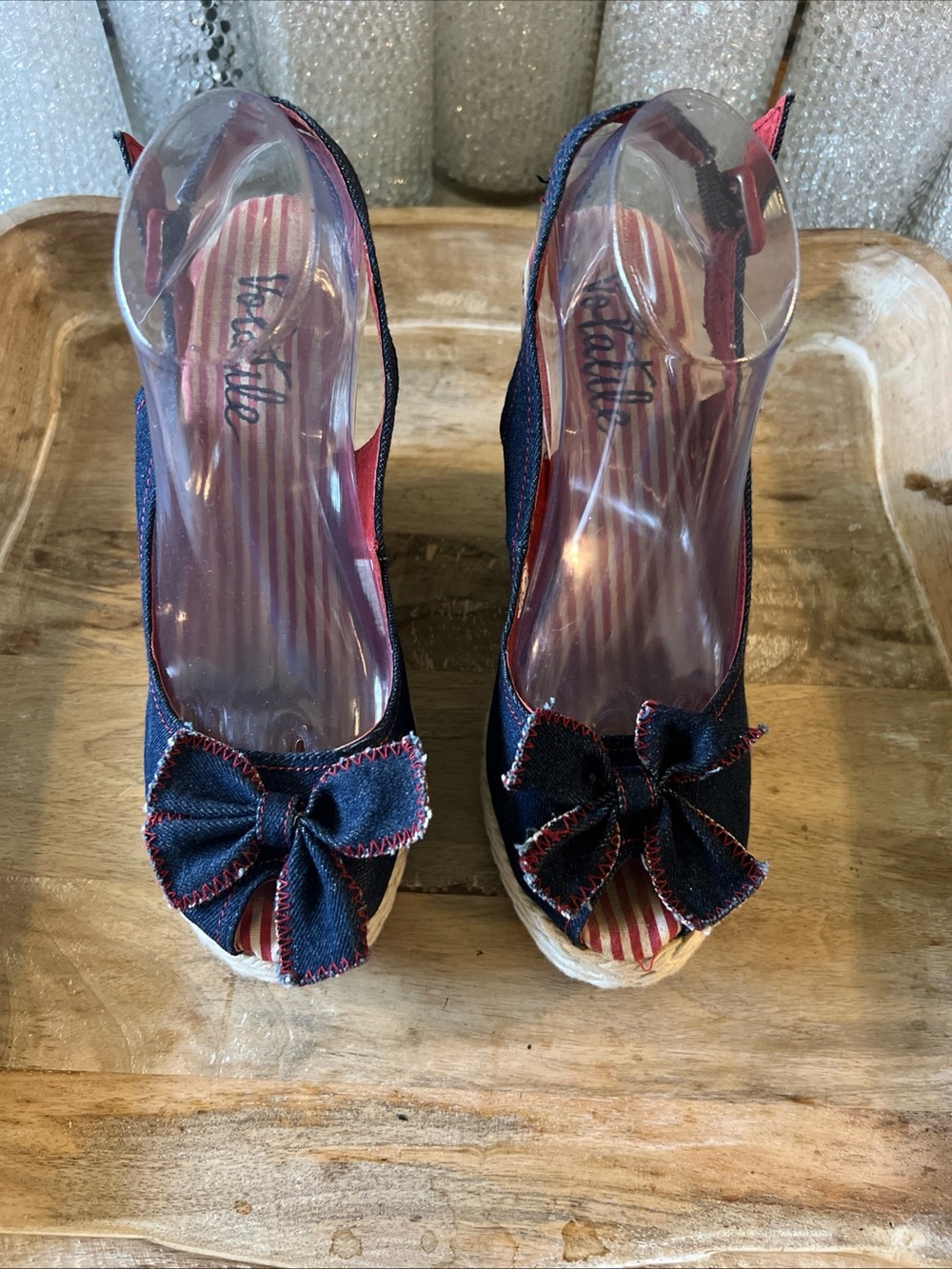 Volatile Navy and Red Bow Espadrille Wedge Sandals